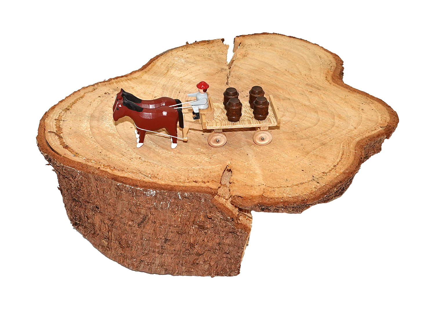 Günter Flath Gespann Pferde mit Tafelwagen und Fässern, Erzgebirge Miniatur