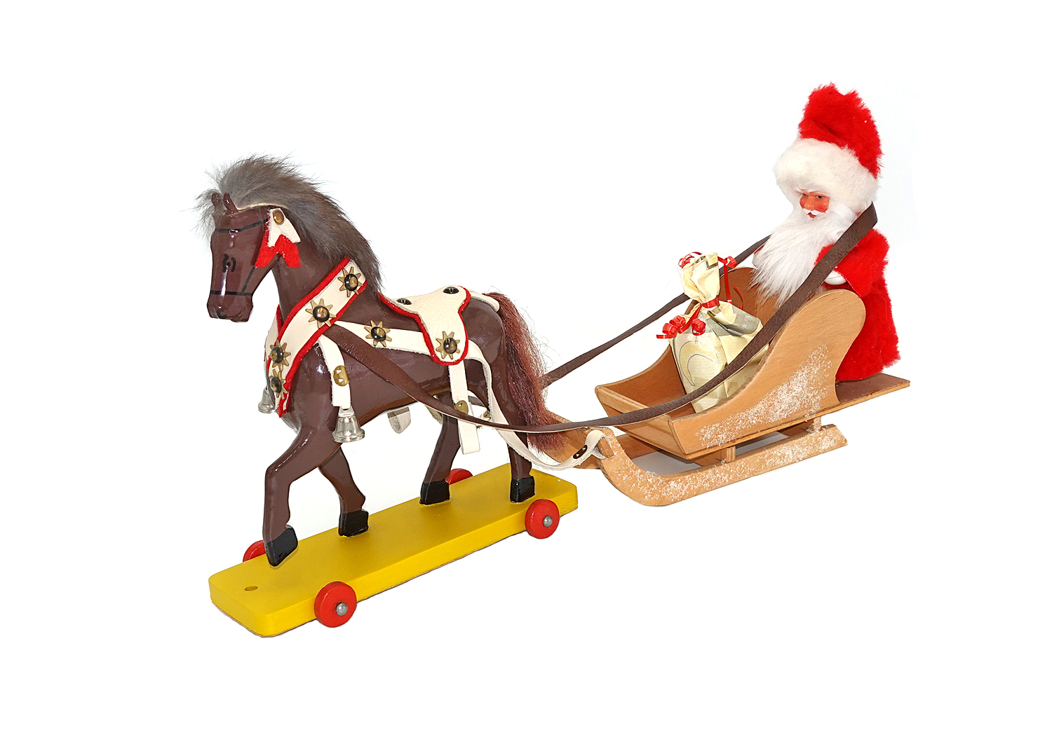 Holzspielzeug Thüringen Nikolaus mit Schlitten und Pferd Holzspielzeug Thüringen Nikolaus mit Schlitten und Pferd