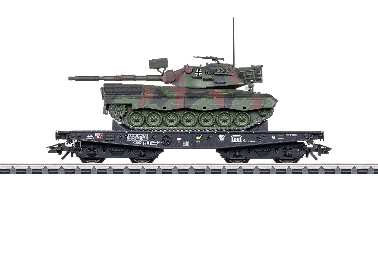 Märklin 48877 DB Schwerlast-Flachwagen mit Kampfpanzer Leopard 1A1  Märklin 48877 DB Schwerlast-Flachwagen mit Kampfpanzer Leopard 1A1