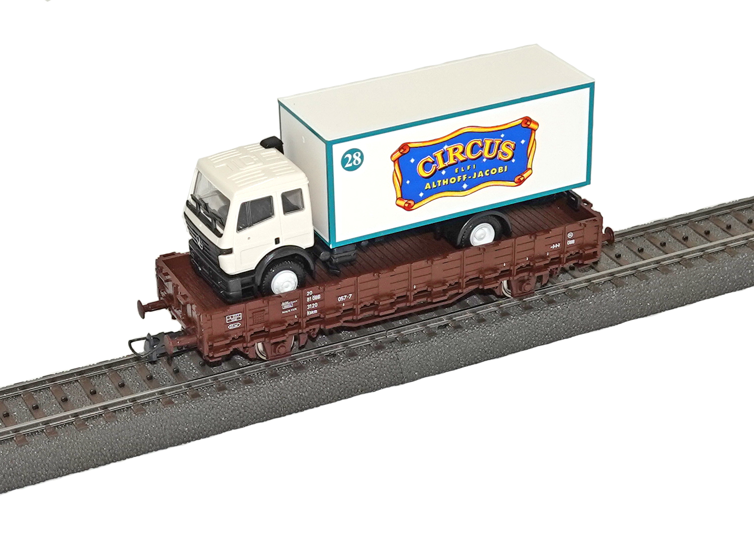 Roco 47726 ÖBB Rungenwagen mit MB 1850 Circus Elfi Althoff