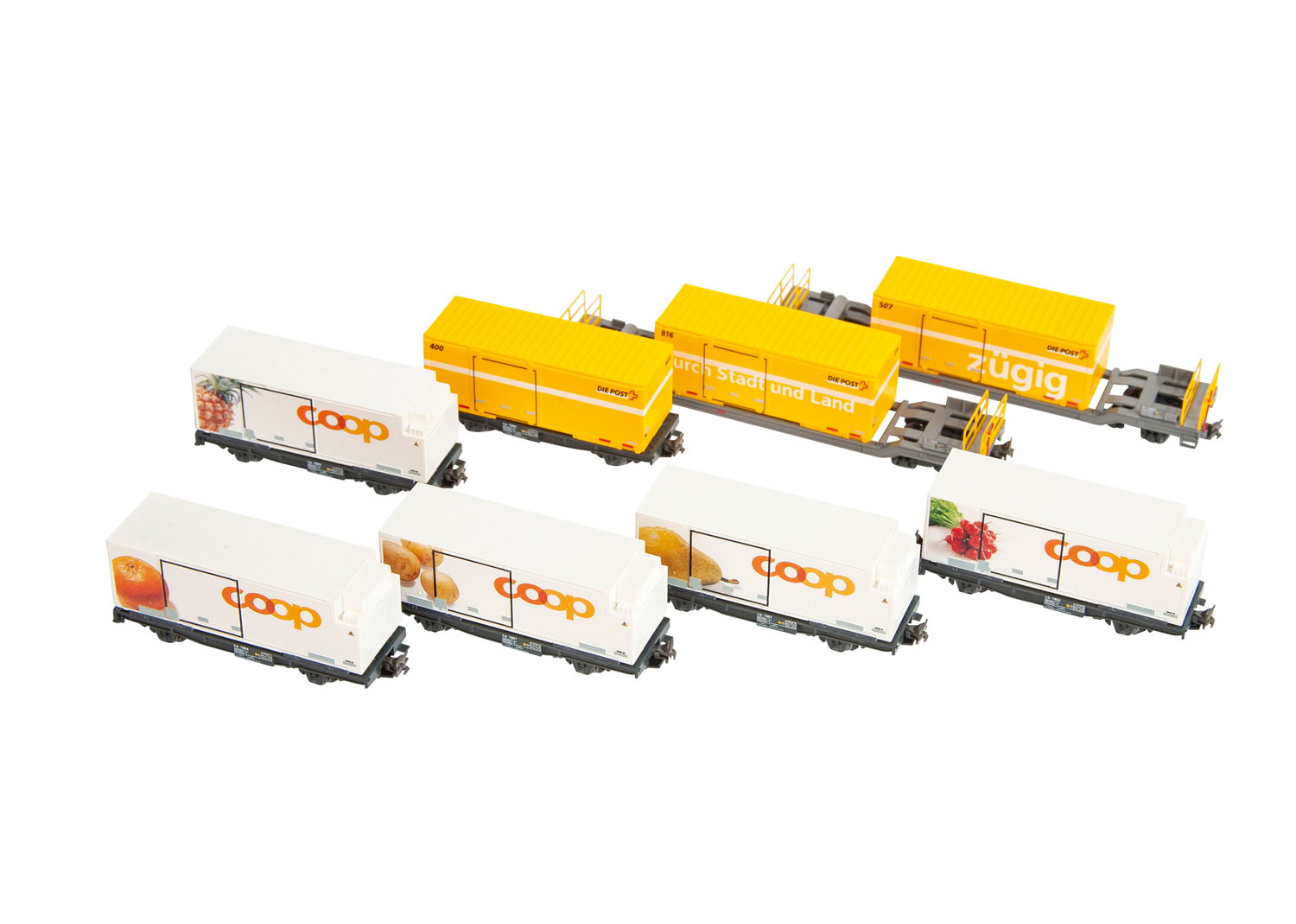 Kato 7074102 RhB Kühl- & Güterwagen Coop und Die Post Kato 7074102 RhB Kühl- & Güterwagen Coop und Die Post