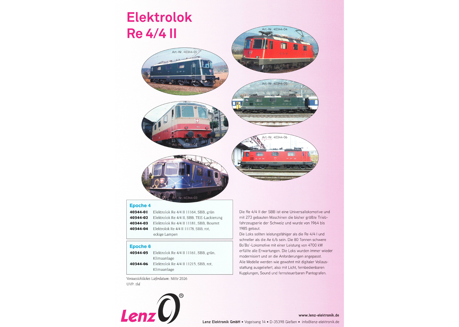 Lenz 40344 SBB E-Lokomotive Re 4/4II 