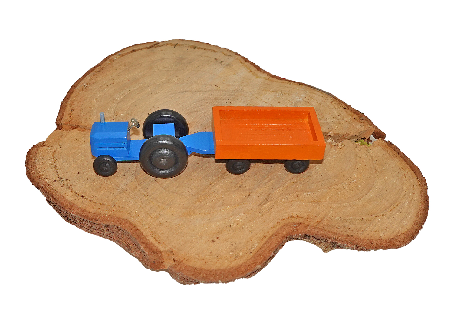 Erzgebirge Miniatur Traktor mit orangem Anhänger leer Erzgebirge Miniatur Traktor mit orangem Anhänger leer