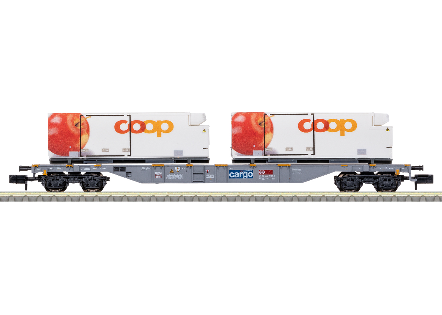 Minitrix 15495 SBB coop Containertragwagen Apfel  Minitrix 15495 SBB coop Containertragwagen Apfel