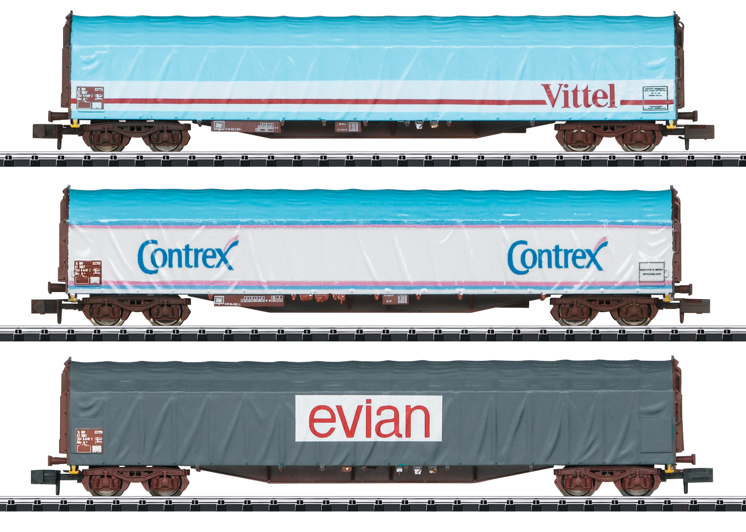 Minitrix 15375 SNCF Schiebeplanenwagen-Set Mineralwassertransport 