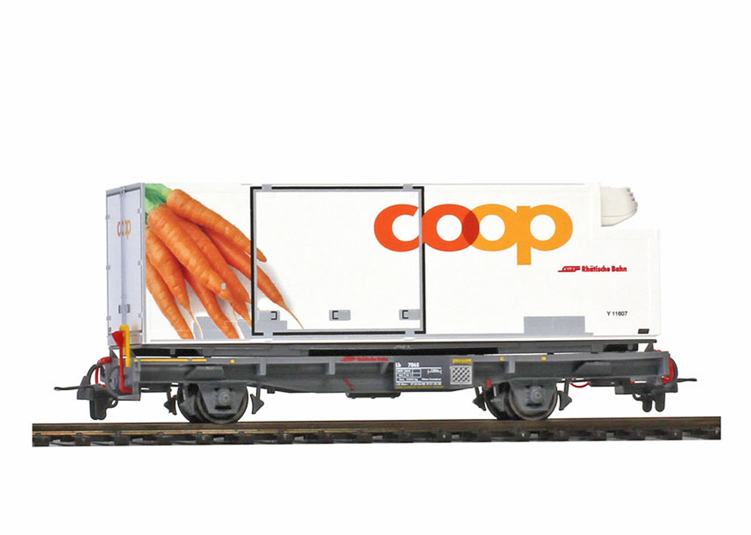 Bemo 2269127 RhB Lb-v 7881 Containerwagen Coop Karotte  Bemo 2269127 RhB Lb-v 7881 Containerwagen Coop Karotte