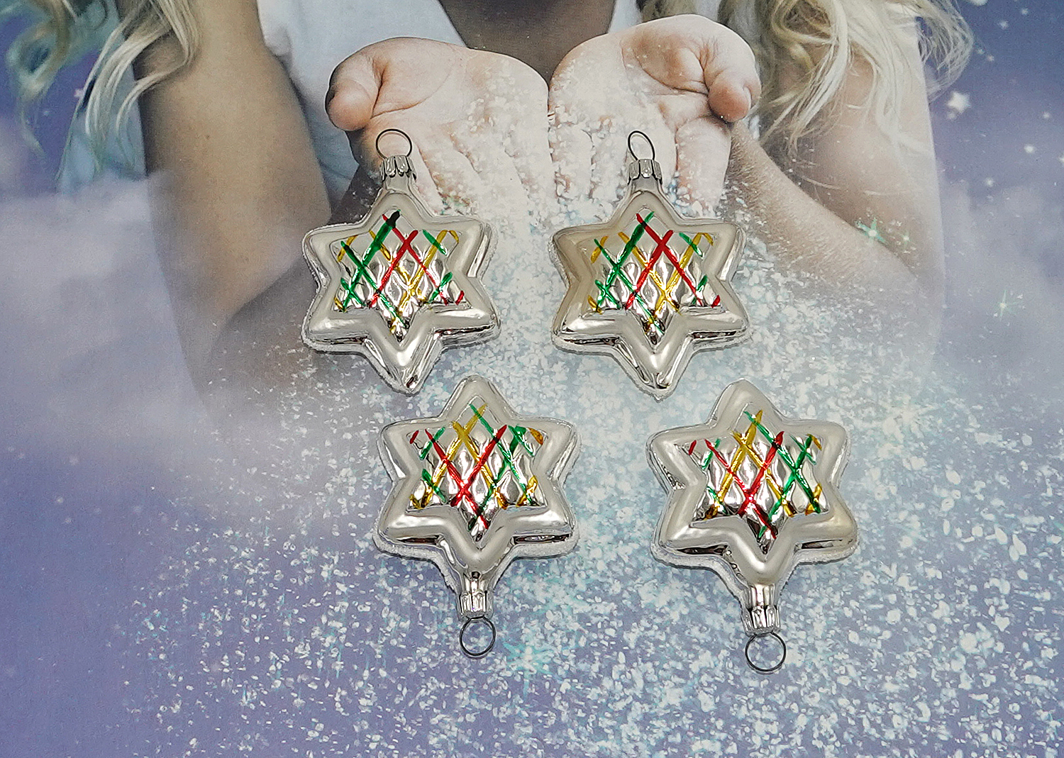 Christbaumschmuck Sterne-Set aus Glas Silber Satin bunt 6,5cm Christbaumschmuck Sterne-Set aus Glas Silber Satin bunt 6,5cm