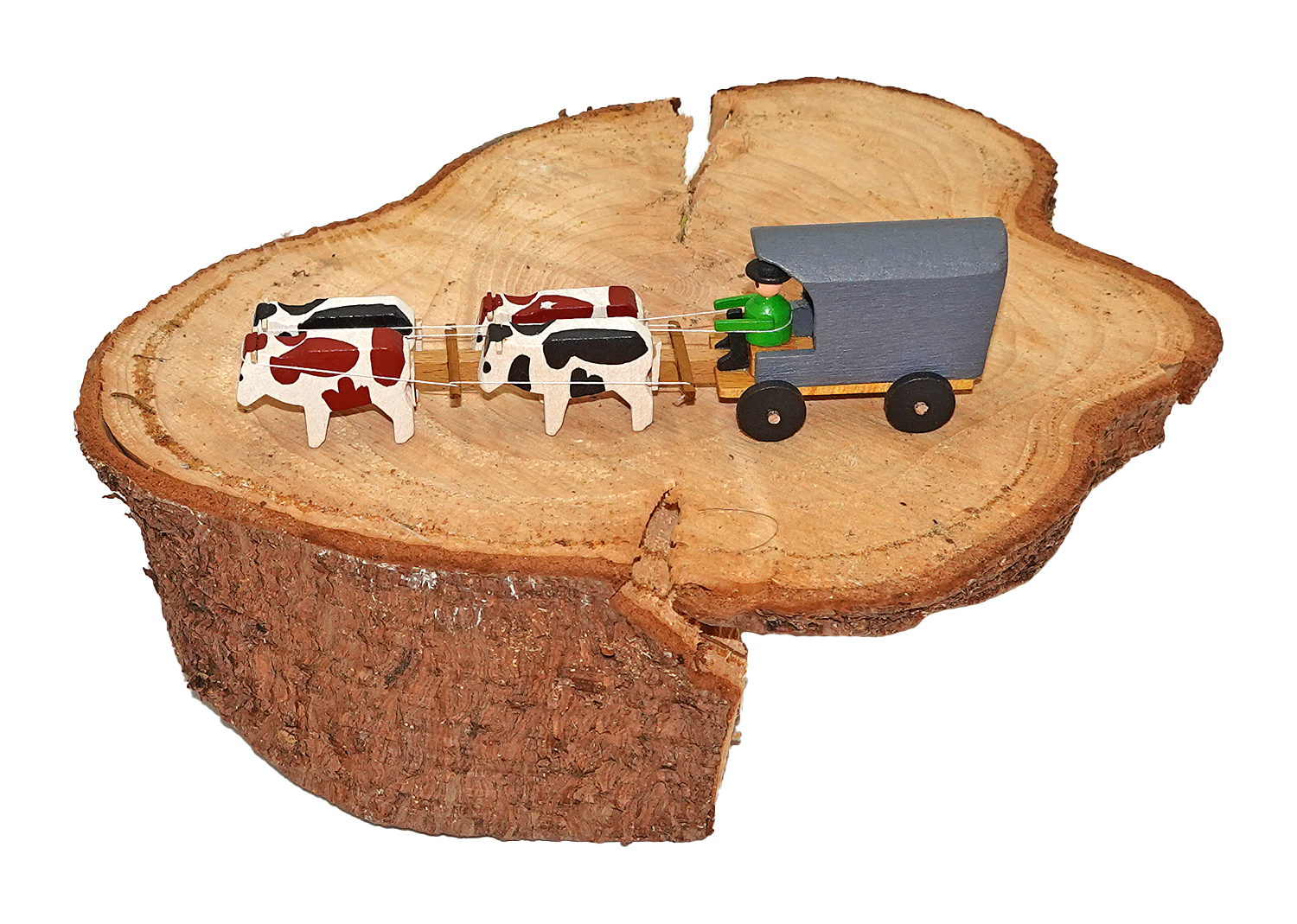 4er Gespann Kühe mit Planwagen grau, Erzgebirge Miniatur