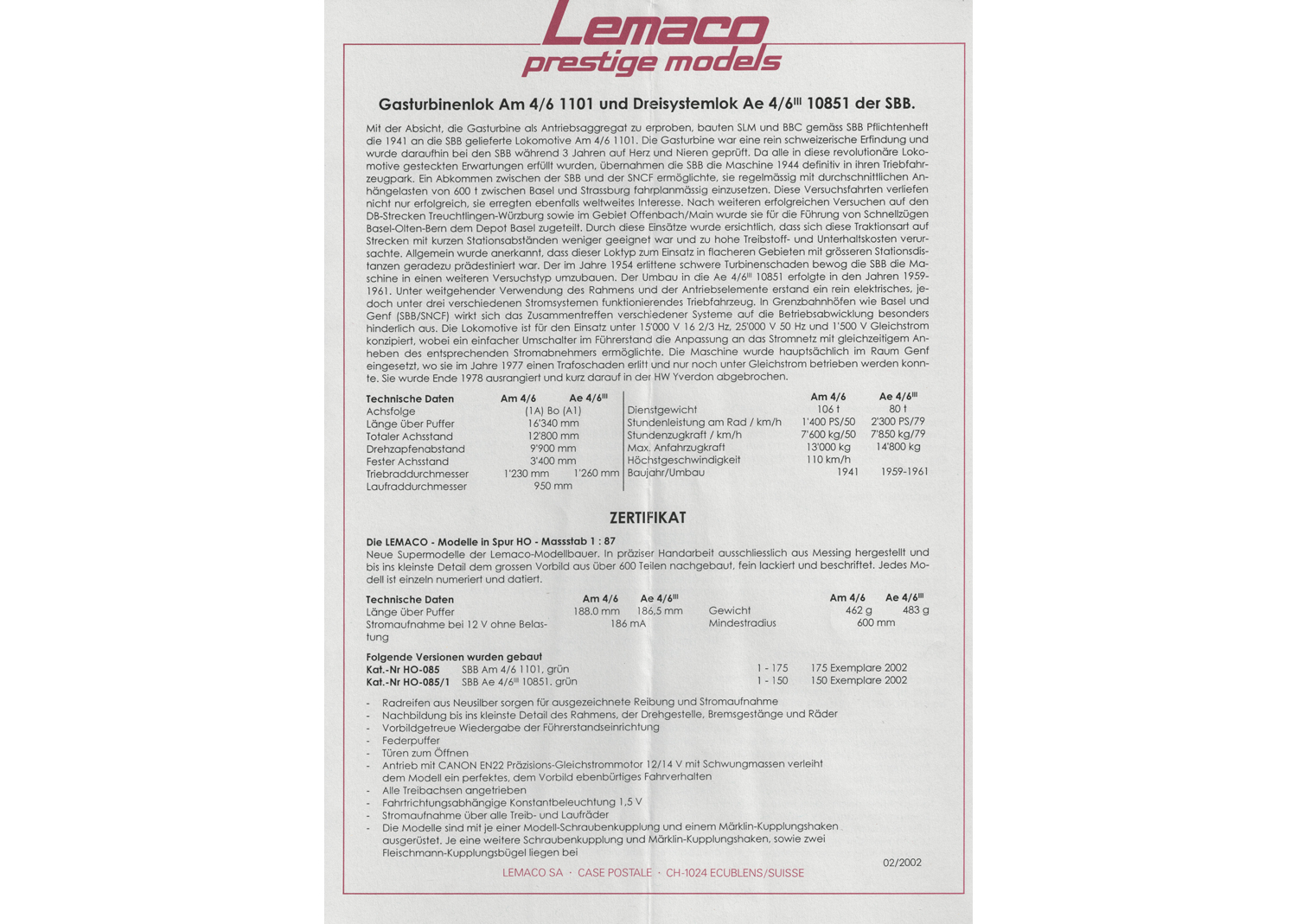 Lemaco H0-085 SBB Gasturbinenlokomotive Am 4/6 1101